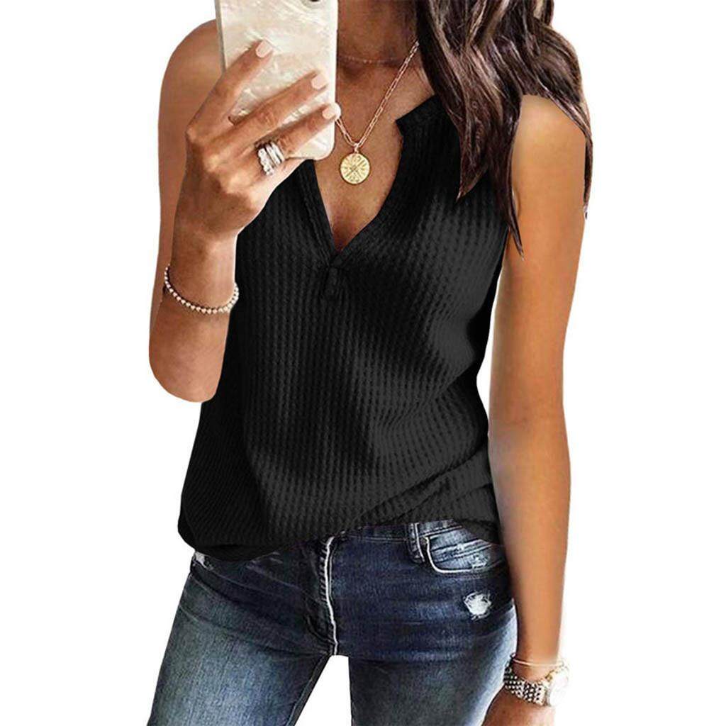 Dunnshop Summer Blouse Shirt Womens Fashion V Neck Shirts Sleeveless Solid Waffle Knit Loose Fitting Tee Tops