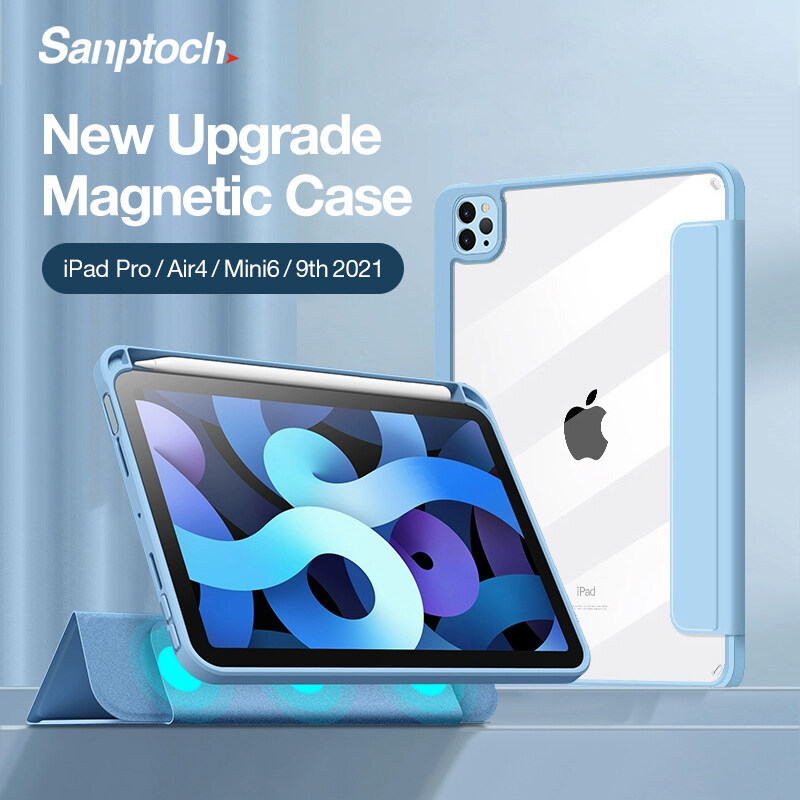 Sanptoch Hybrid Clear Magnetic Case For iPad Pro 11 / Air4 10.9 / Air3 10.5 / 9th 8th 7th Generation 10.2 / Mini6 2021 2020 Built-in Pencil Holder For Storage & Wireless Charging Full Cover Smart Slee